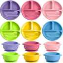Dandat 24 Pcs Silicone Baby Feeding Set,6 Baby Toddler Suction Bowls 6 Divided Suction Plates with 6 Forks 6 Spoons, Utensils Set for Weaning Infant Feeding and Eating, 6 Styles(Bright Color)