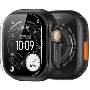 amBand Metal Case Screen Protector Cover for Apple Watch Ultra 3/ Ultra 2/ Ultra 49mm, W3 Rugged Bumper Thin Frame + 9H Tempered Glass Film + Ceramic-Like Back Cover, [Stylish] [Waterproof], Matte Black