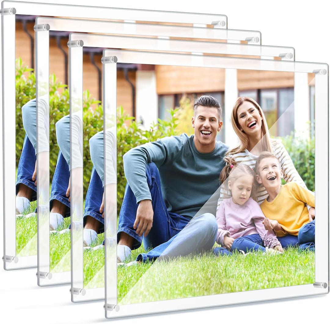 Chunful 4 Packs 16 x 20 Inch Floating Acrylic Frame Clear Frameless Picture Frame Wall Mount Double Panel for Photo Artwork Certificates Diplomas Poster Display(Silver Accessories)