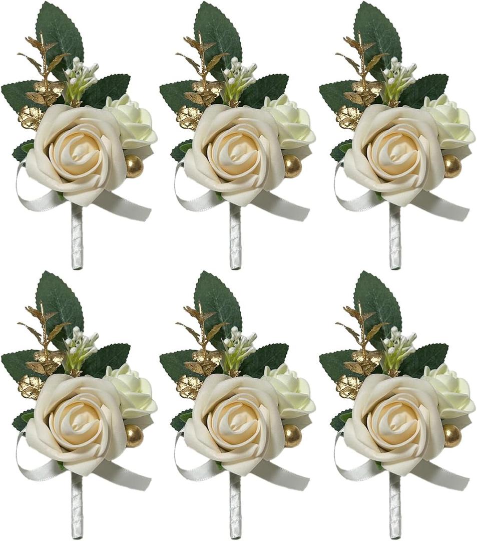 5PCS White Boutonniere for Men, Ivory Boutonniere Pins for Men Groomsmen Guest Boutonniere, Artificial Flowers for Wedding Decor Prom Homecoming
