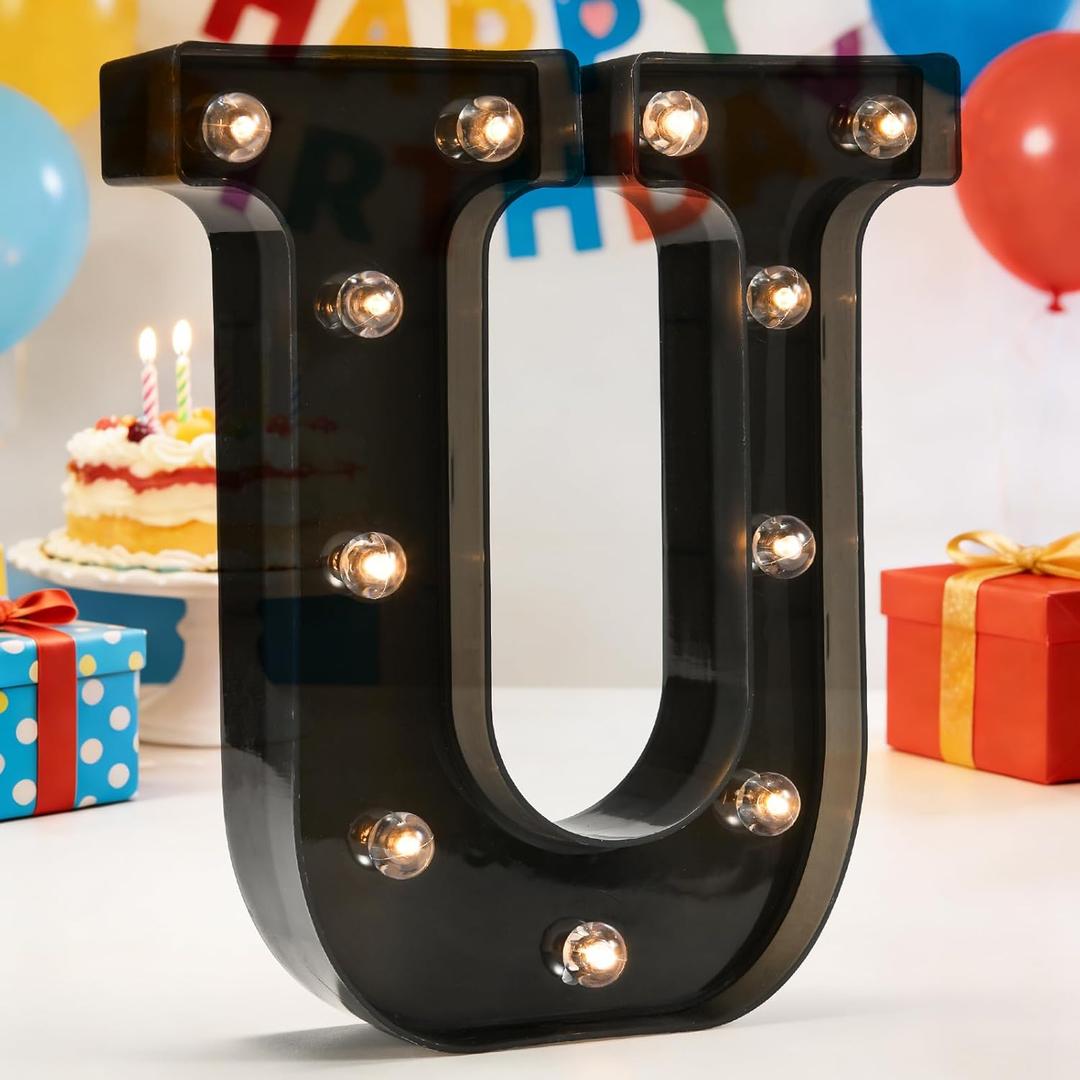 Decorative LED Illuminated Letter Marquee Sign - Alphabet Marquee Letters with Lights For Wedding Birthday Party Christmas Night Light Lamp Home Bar Decoration U, Black