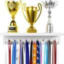 EVERMORE Medal Hanger Display and Trophy Shelf with Hooks - Wooden Medal Holder for Wall Mount Ribbon Display, Trophy Display Shelf for Gymnastics, Soccer, Running Race Medals Awards Rack
