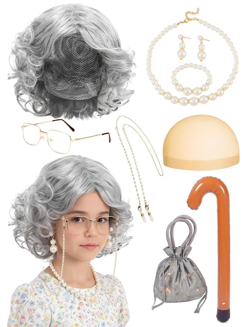 5 Pcs Old Lady Costume for Kids and Girl, 100 Days of School Costume for Kids Girls Includes Old Lady Wigs Glasses Wig Cap Necklace Bracelet Earrings Bag Inflatable Walking Stick