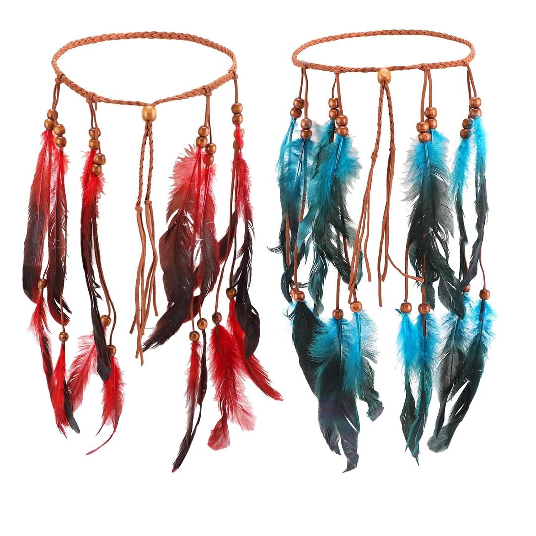 2 Pcs Native American Headband, Boho Indian Feather Headband, Hippie Headpiece Gypsy Indians Costume Decor, Indian Headpiece Gypsy Costume Headdress Hair Accessories for Women (Blue Red)