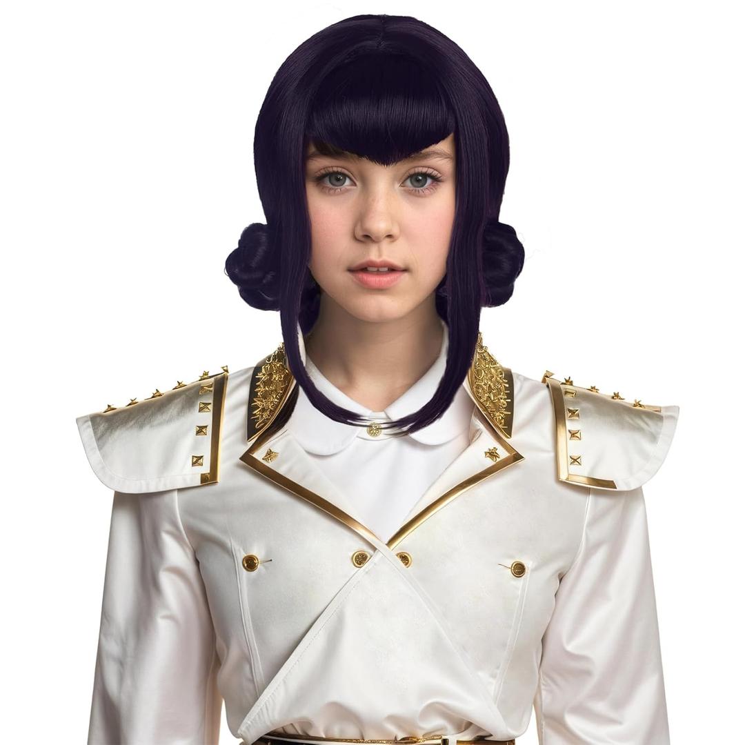 VGbeaty Girls Short Black Purple Wig with 2 Buns Cartoon Role Princess Anime Cosplay Wig Heat Resistant Synthetic Fiber Soft Durable Breathable Cap for Halloween Costume Fancy Party