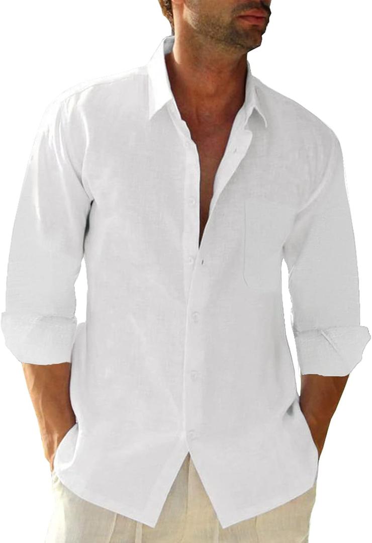 JEKAOYI Button Down Linen Shirts for Men Casual Long Sleeve Regular Fit Cotton Beach Shirts with Pocket (Large, White)