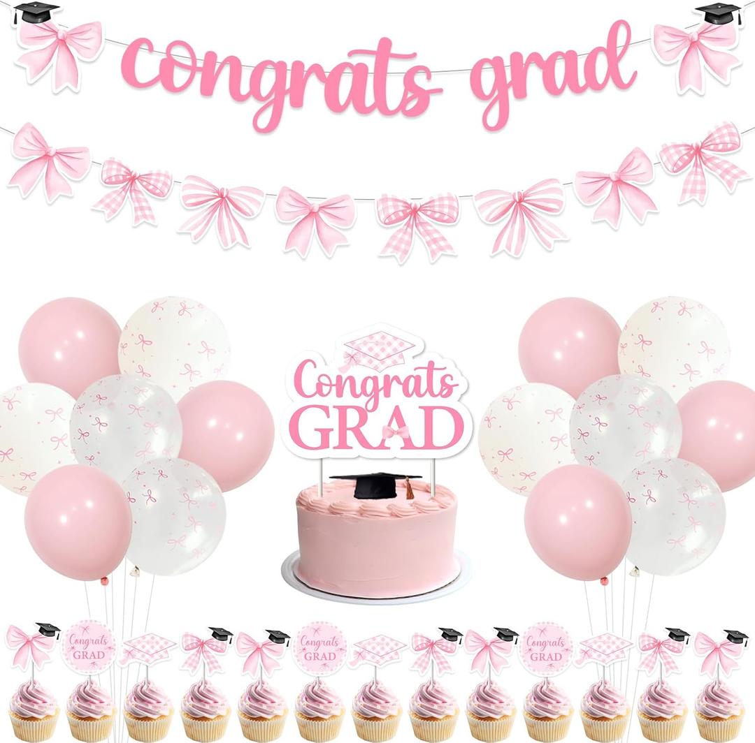 Pink Bow Graduation Decorations Congrats Grad Decorations Banner Garland Cake Cupcake Toppers Balloons for Girl Class of 2026 Graduations Party Decorations