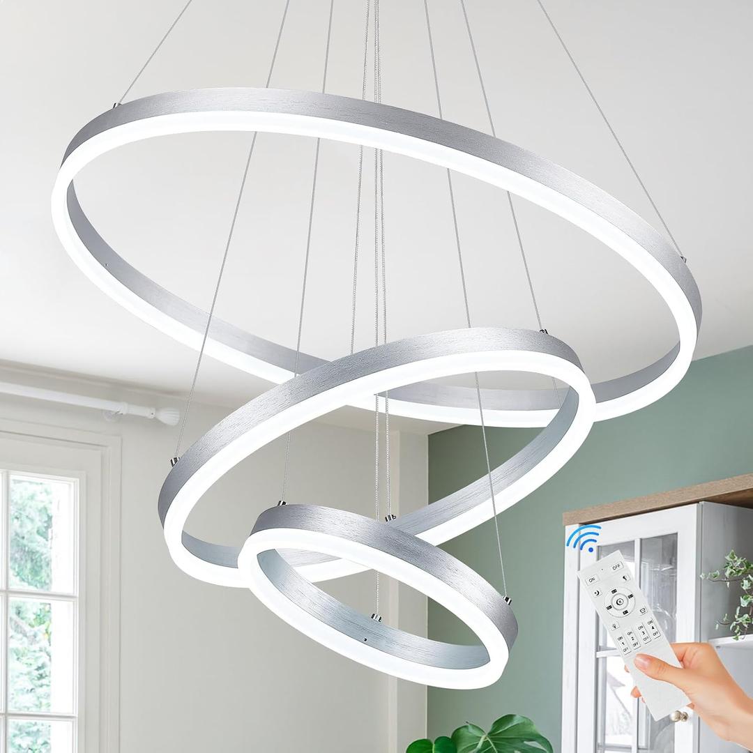 Modern LED Chandelier Silver Dimmable Pendant Lighting with Remote Control Circular Chandelier Flush Mount High Ceiling Light for Dining Room Entryway Foyer, 3000K-6500K(3-Rings D23.6in)