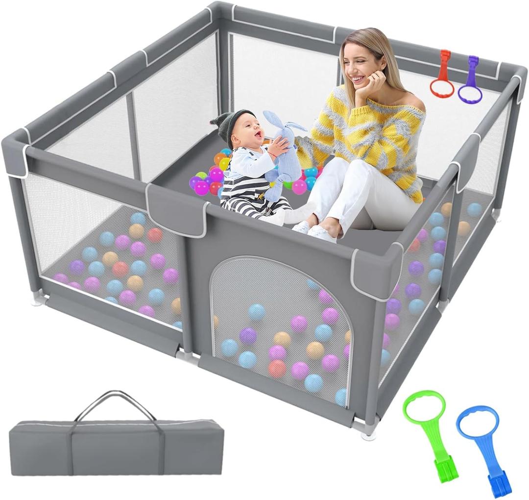 Baby Playpen 90cmX90cm Sturdy Safety Infant Activity Center with Anti-Slip Suckers and Super Soft Breathable Mesh.