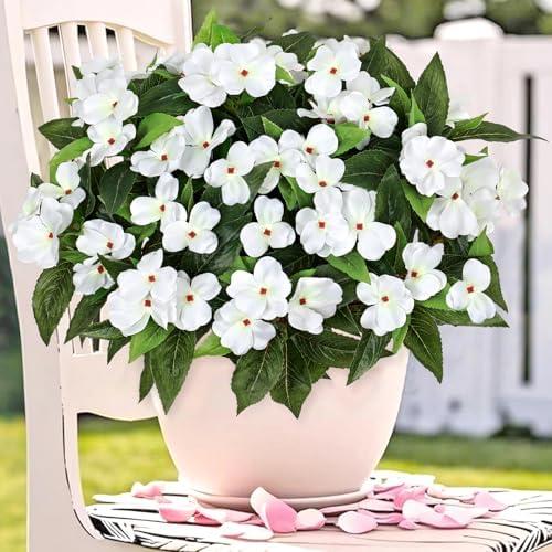 KHOYIME Artificial Flowers for Outdoors, 3PCS White Fake Impatiens Flower Bouquet Faux Silk Floral Stems Plants Bulk UV Resistant Indoor Decorations for Table Centerpieces Home Garden Wedding Decor