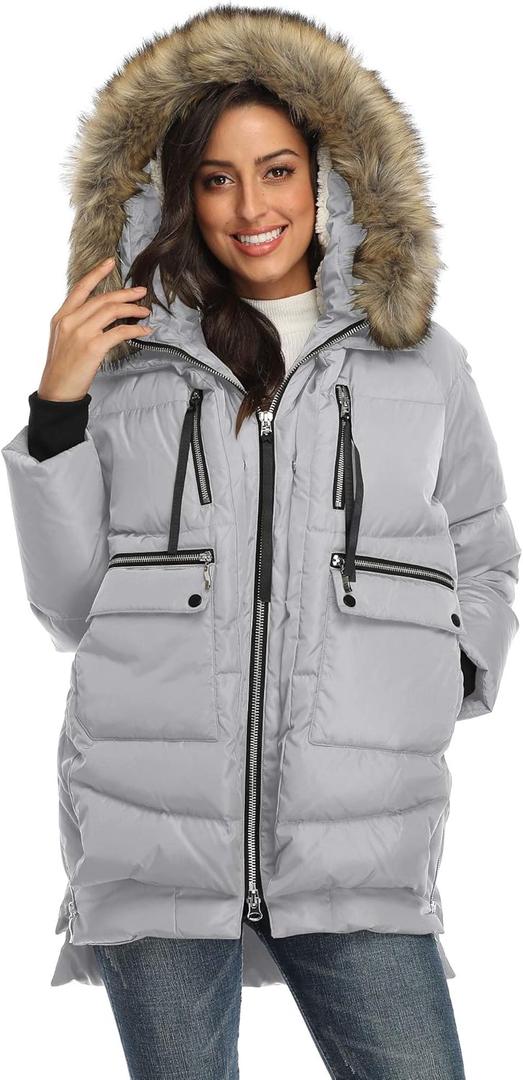 Women's Winter Thickened Down Jackets Long Down Coats Warm Parka with Hood (2X-Large, Fur Grey)