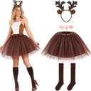 Hifot 5 Pcs Reindeer Costume Adult Tutu Skirt with Reindeer Headband Temporary Tattoos Socks Deer Cosplay Costume Halloween Christmas Fancy Dress Outfits for Women Girls Brown
