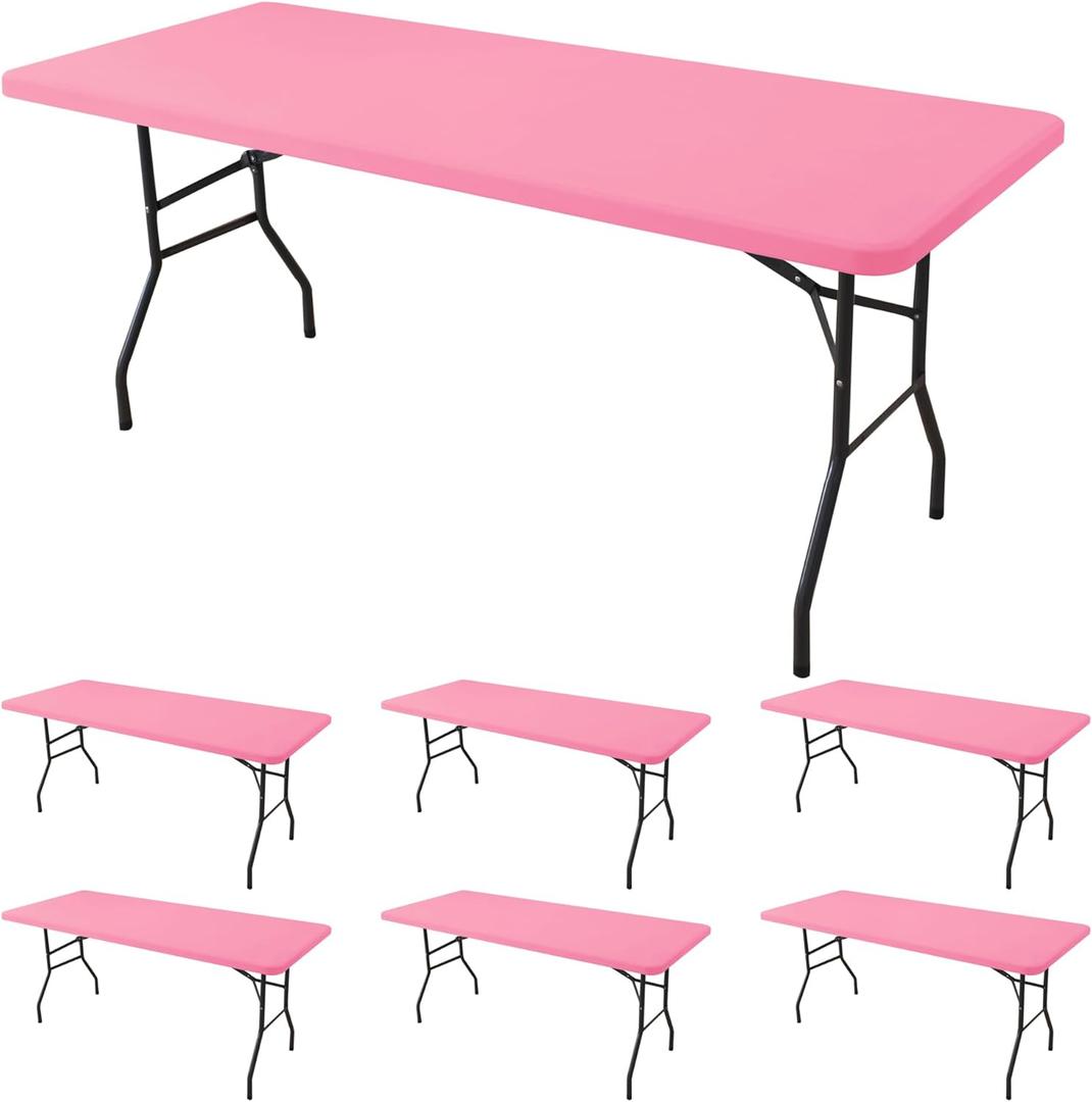 Fitted Tablecloth for 6 Foot Rectangle Tables-6 Pack Pink Elastic Outdoor Picnic Table Cover-Spandex Stretch Folding Table Cloths 6 ft for Camping Dining Room Patio Kitchen Banquet Party