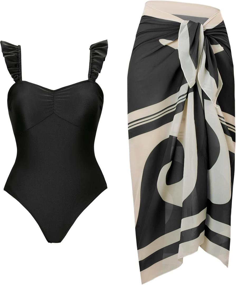 YUNAR Women Retro Deep Plunging One Piece Monokini Swimwear with Sarong 2 Pcs Set (Large, Black)