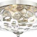 Darkaway Large Ceiling Light Fixtures 3-Ight Flush Mount Indoor Outdoor Ceiling Light with Water ipple Glass Shade for Kitchen Bedroom Living Room Dining Room Entry Porch Nickel Finish, 13.38inch