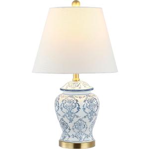 JONATHAN Y 22.25" Blue/White Chinoiserie Ceramic Urn Table Lamp, Traditional Classic Nightstand Lamp for Living Room Bedroom, White Linen Shade, LED Bulb Included JYL3085A