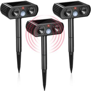 Qualirey 3 Pack 2025 Solar Ultrasonic Animal Repeller Outdoor Waterproof Cat Defender with Motion Sensor Weatherproof Ultrasonic Squirrel Rabbit Rat Dog Cat Repeller for Garden Yard Farm(General)