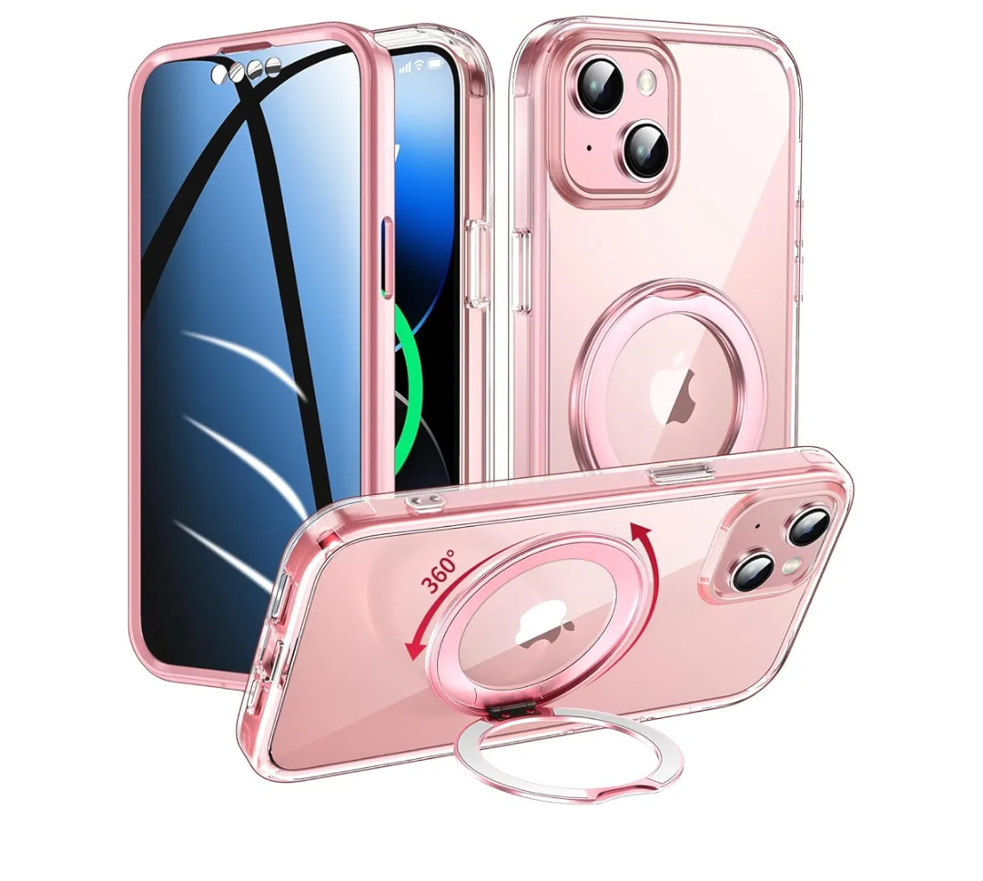Privacy Case for iPhone 13/iPhone 14 with 360°Stand [Built-in Anti Peeping Screen Protector] [Compatible with MagSafe] [Magnetic Ring ] Full Body Protective Phone Cover 6.1", Pink