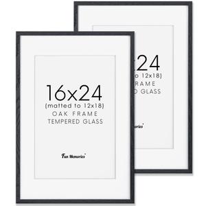 Fun Memories Black 16x24 Picture Frame, Oak Wood 16 x 24 Poster Frames Set of 2, Rustic 16 by 24 Frame for Wall, 16x24 Frame with Mat for 12x18, Tempered Real Glass
