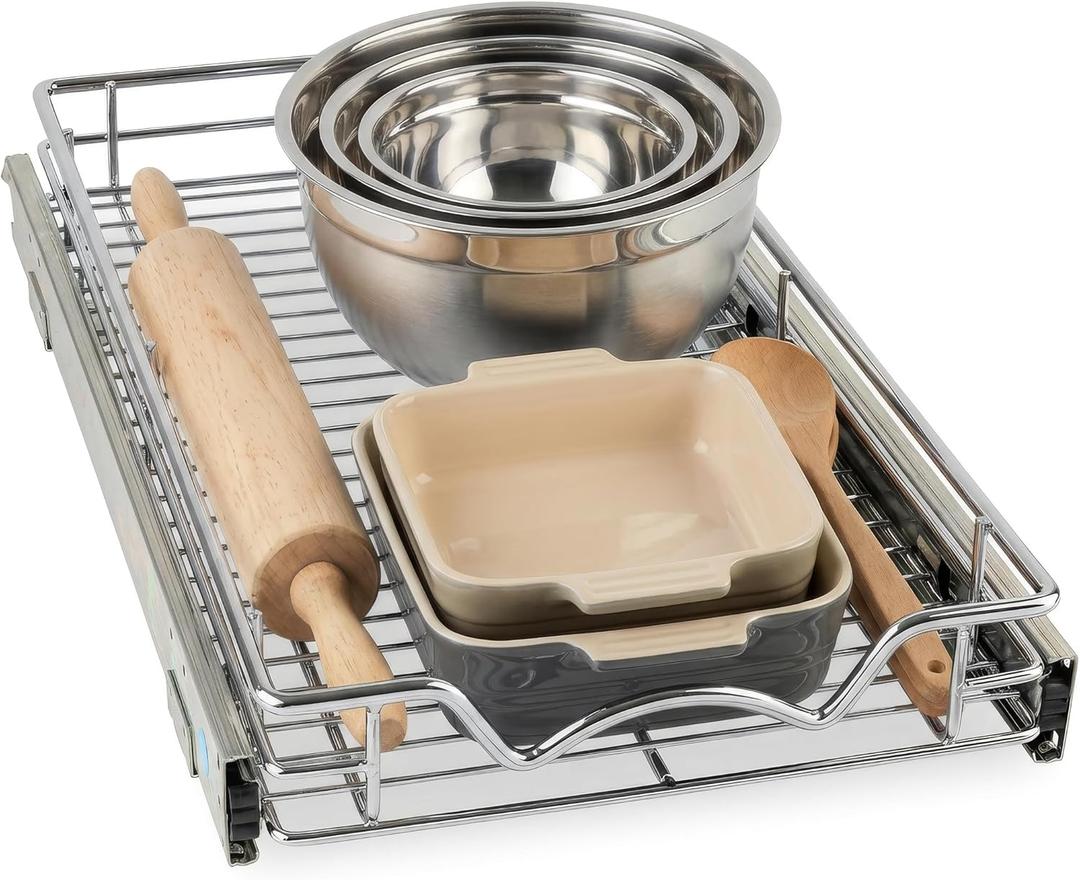 HOLD N' STORAGE Pull Out Cabinet Organizer, Heavy Duty 11W x 17D-Requires At Least 12-1/4 Cabinet Opening, Steel Metal Cabinet Drawers Slide Out, Chrome Finish