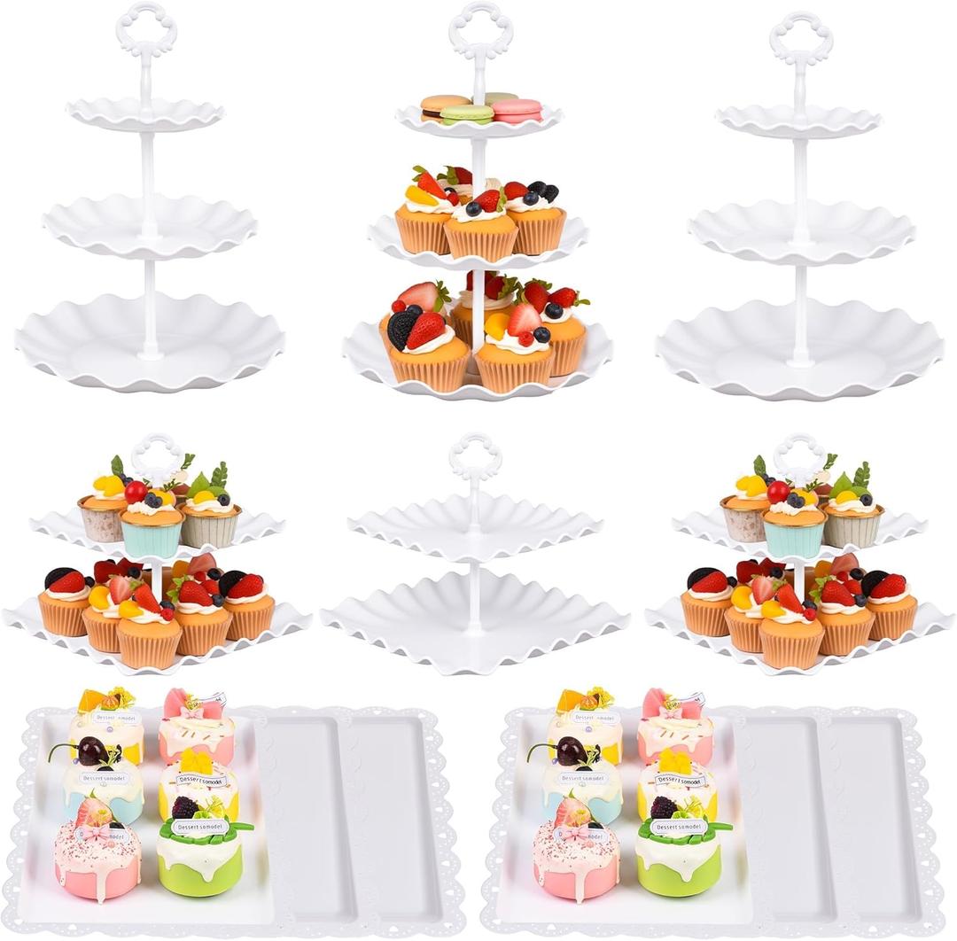 DIDROOM 12-Pack Dessert Table Display Set, 6 Cupcake Stands and 6 dessert tray, made of plastic Dessert Display Stands, Ideal for Wedding Baby Shower Tea Party, Easy to Clean and Assemble (White)