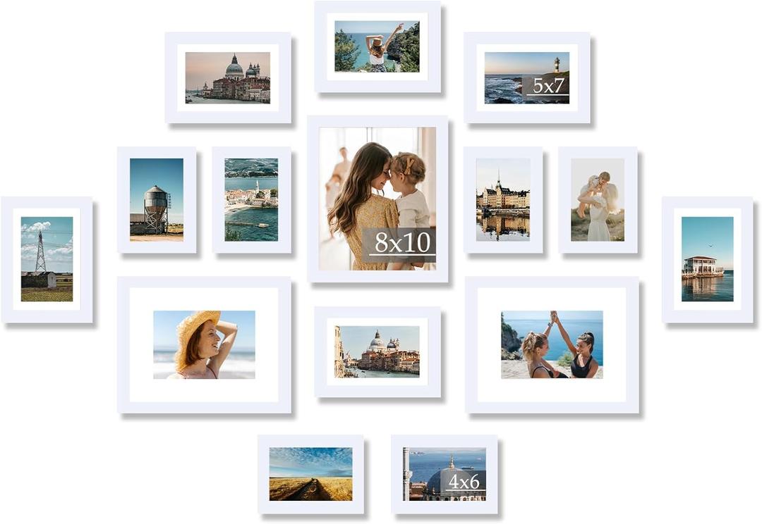 15 Pack Picture Frames Collage Wall Decor for Wall Hanging or Tabletop, Gallery Wall Frame Set for Family, Multi-Size Photo Frames Collage Including 3Pcs: 8x10, 6Pcs: 5x7, 6Pcs: 4x6, White