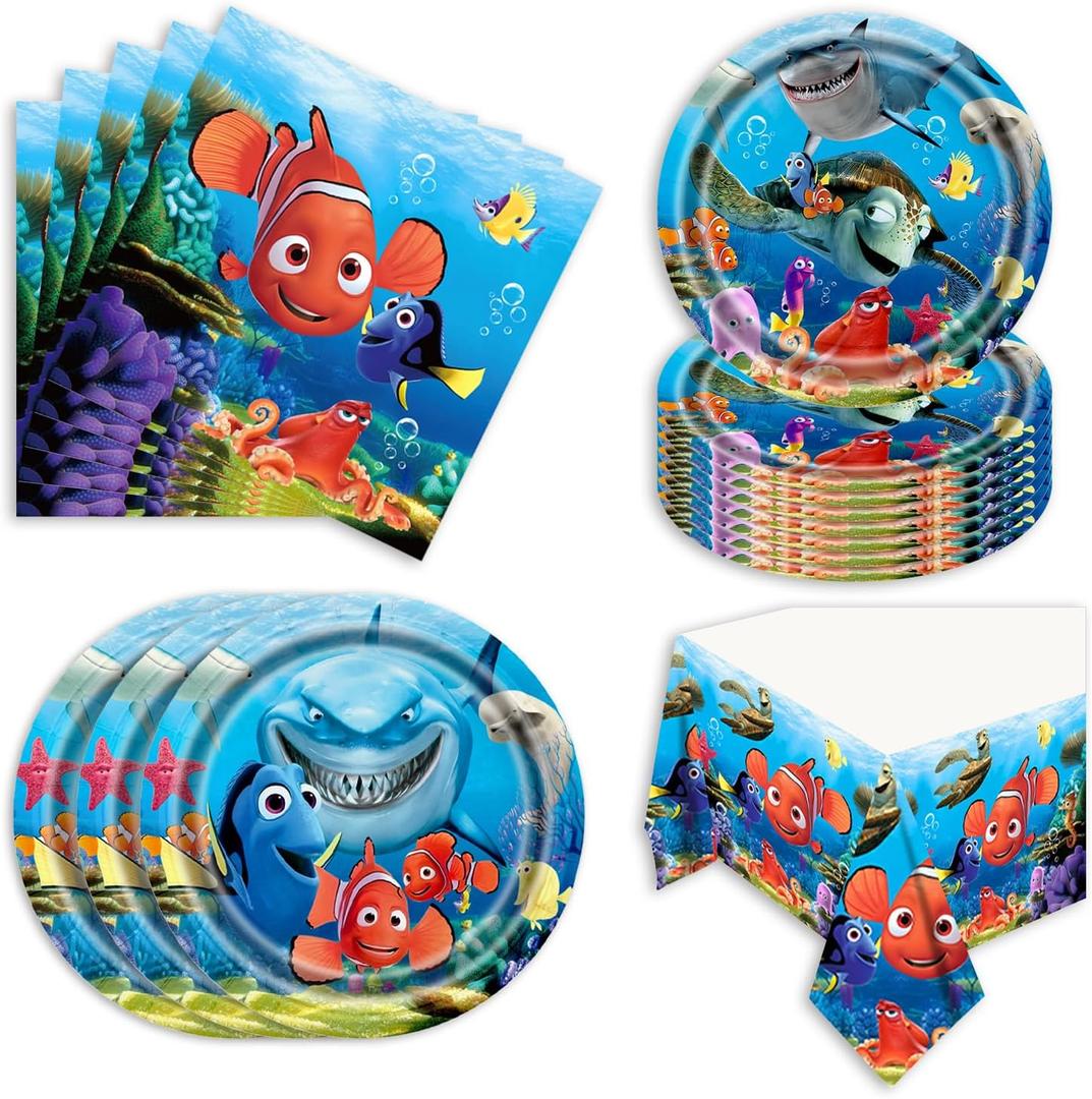 41Pcs Finding Nemo Birthday Party Supplies, 10 9'' Plates, 10 7'' Plates,20 Napkins and 1 Tablecover for Finding Nemo Party Decoration