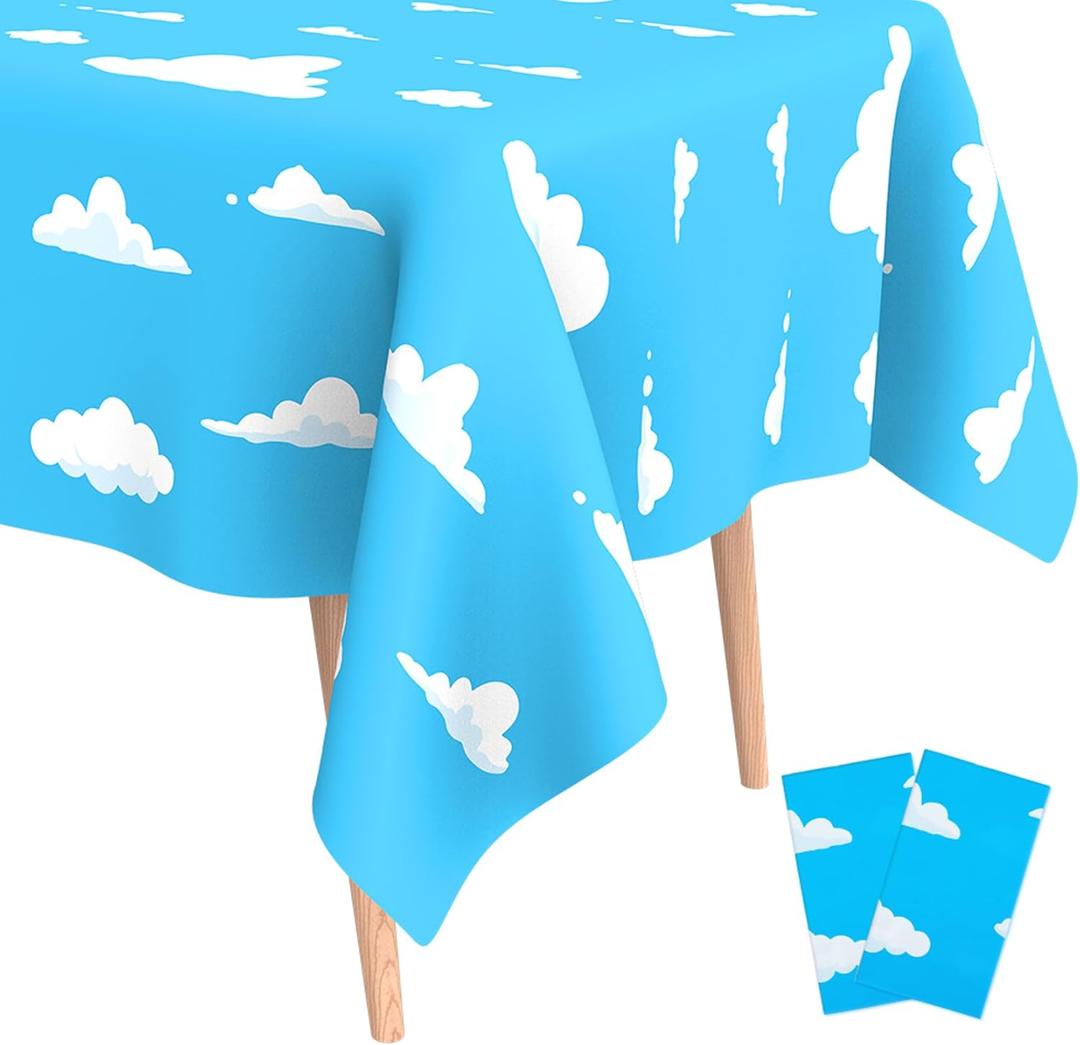 2Pcs Blue Sky and White Clouds Tablecloth Birthday Party Supplies, 54x108 Inch Cartoon Story Tablecloth, Cartoon Tablecovers Party Table Cover for Baby Boy Girl Kids Shower Birthday Party Decorations