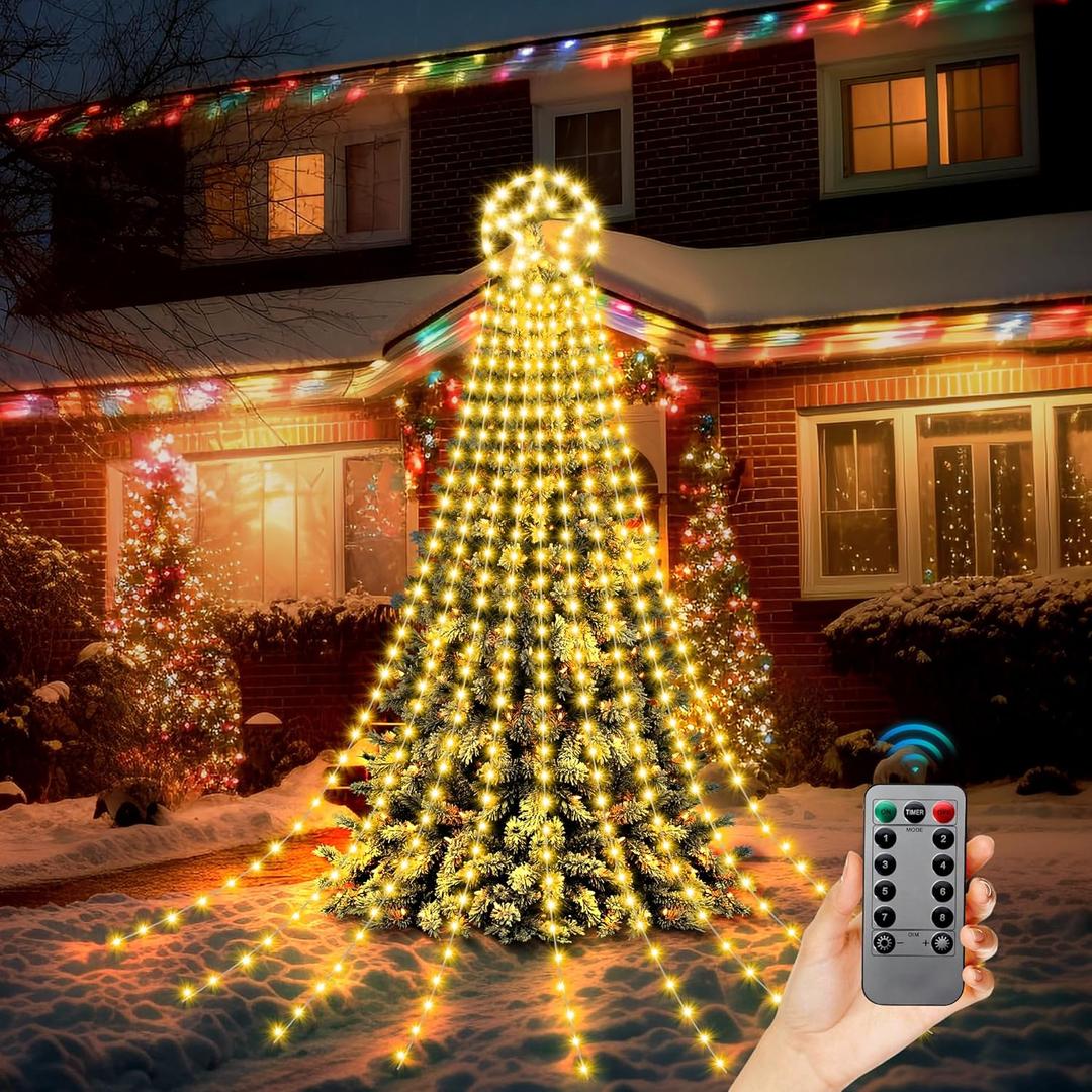 Outdoor Christmas Decorations, 323LED Waterfall Lights 8 Modes Christmas Lights Outdoor, Waterproof Xmas Decorations for Yard, Garden, Wall, Indoor Xmas Tree Decor (Pentagram, Warm White)