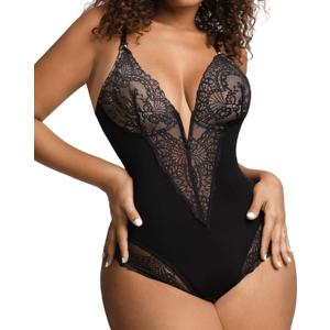 Popilush Lace Shapewear Bodysuit Tummy Control Corset Tops V Neck Sleeveless Backless Body Suit Thongs (L (4-6), Black)