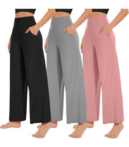 NEW YOUNG 3 Pack Women's Wide Leg Pants with Pockets High Waist Loose Sweatpants Casual Lounge Yoga Workout Palazzo M