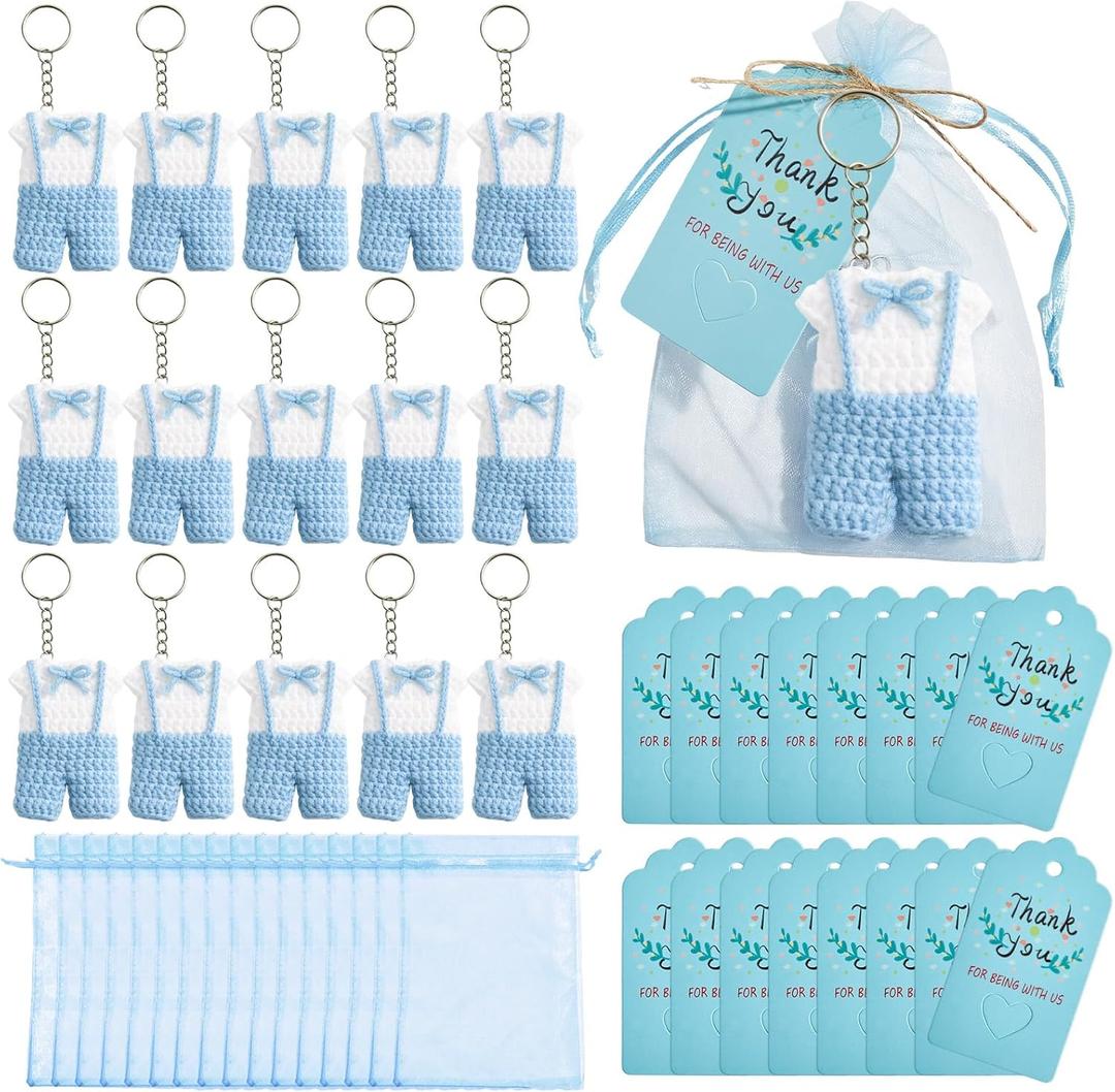 OBUSATT 16 Sets Crochet Baby Shower Favors Bulk Keychain Set with Thank You Cards Organza Bags and Jute Twine Baby Shower Boys Gifts for Guests Boys Birthday Party Supplies Decor (Blue Overalls)