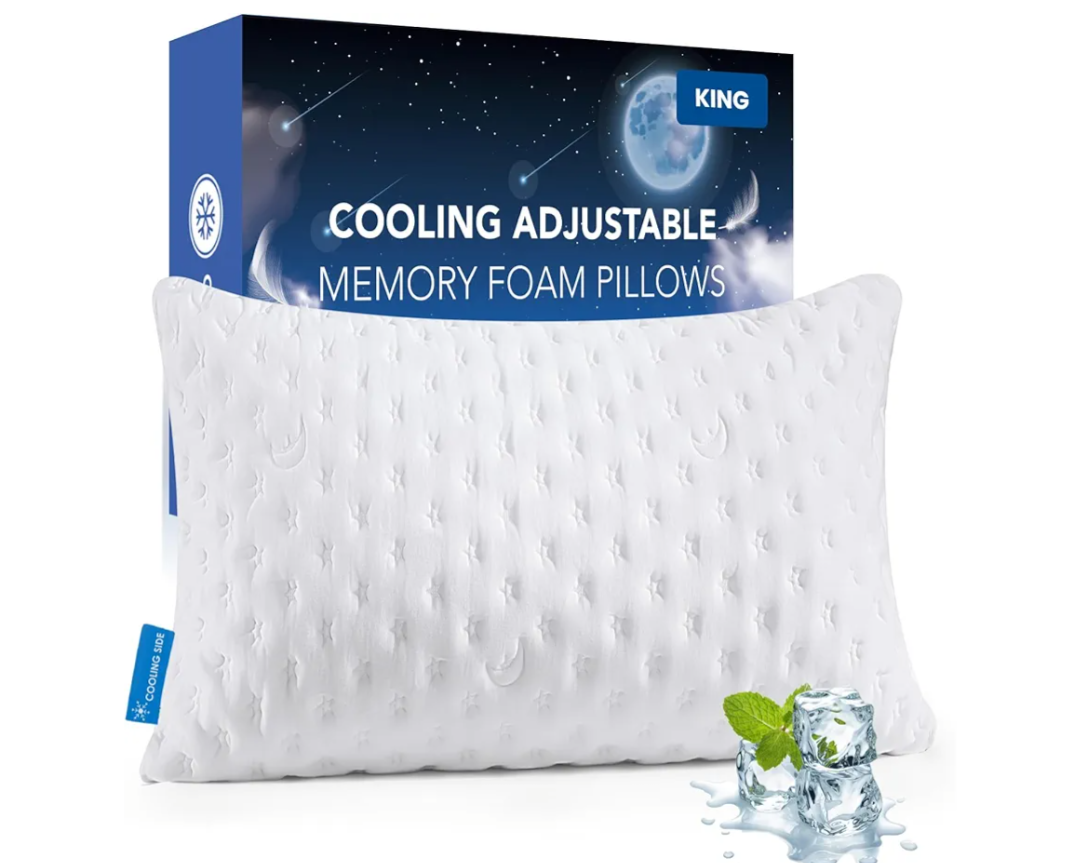 Cooling Side Sleeper Pillow for Adults, Firm Bed Pillow for Side Sleepers Neck and Shoulder Pain, Luxury Shredded Memory Foam Pillow Set of 1 Adjustable King Size Washable Cover Original White