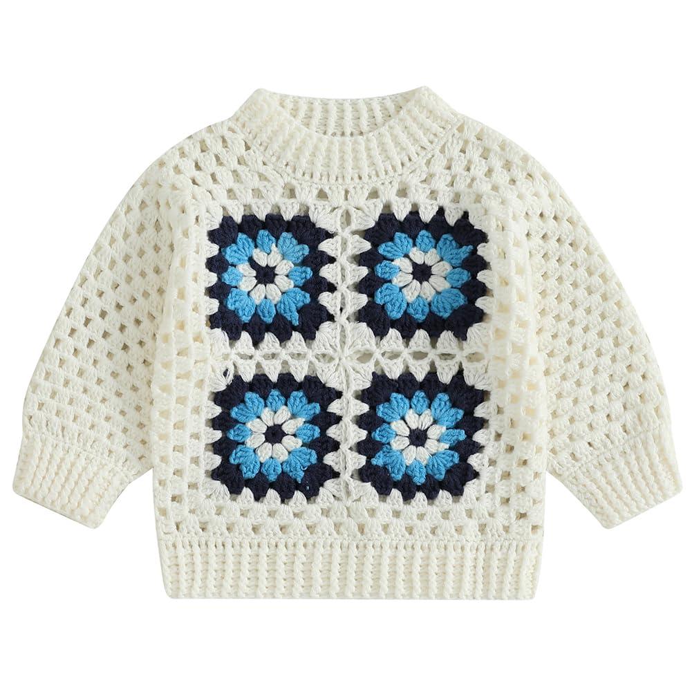 Infant Toddler Baby Girls Pullover Sweater Handmade Crochet Squarey Floral Crewneck Knitwear Fall Winter Clothes (White, 18-24 Months)