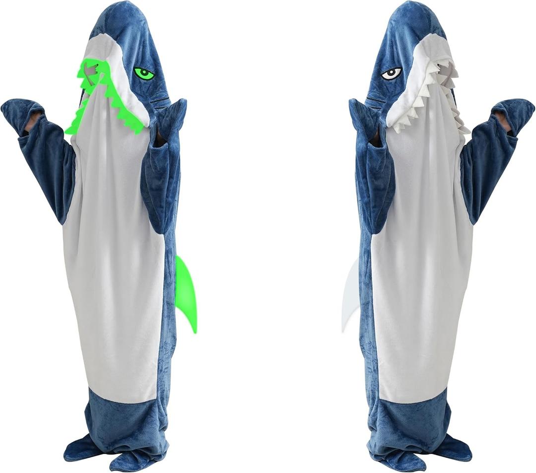 CULVE Glow in The Dark Shark Blanket Onesie Hoodie with Teeth, Eyes & Fins - Super Soft Flannel Wearable Shark Costume for White Elephant Gift Exchange Party (Blue, XS)