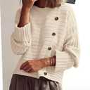 PRETTYGARDEN Womens Sweaters Fall 2026 Casual Long Sleeve Crewneck Button Loose Winter Knit Pullover Sweater Tops (Beige, M)