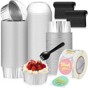 Vesici 300 Set Cupcake Liners with Dome Lids 4.2 oz Mini Aluminum Foil Baking Cups Muffin Tin with Spoons and 1.5 Inch 4-color Rose Gold Stickers for Individual Bakery Wedding Birthday Party Catering