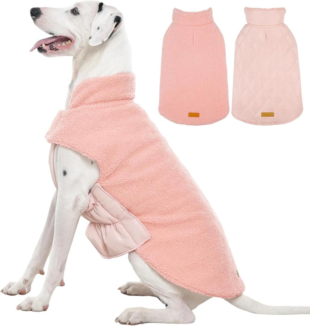Kuoser Reversible Dog Coat Warm Fleece & Quilted Waterproof Dog Jacket, Double-Sided Cold Weather Dogs Winter Coat with Harness Hole, Windproof Pet Snow Vest for Small Medium Large Dogs, Pink XL (X-Large (Chest: 24.4"-29.5")