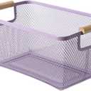 AJIODA Metal Mesh Steel Basket, Medium Wire Storage Organizer Basket Multi-function Hanging Kitchen Basket with Wood Handle for Kitchen Bathroom Picnic Home, Rectangle-Purple