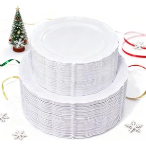 U-QE 100 Pieces White Plastic Plates - White Disposable Plates - Premium Hard Plastic Disposable Plates for Christmas and Party Use Including 50 Dinner Plates 10 '' & 50 Dessert Plates 7.5 ''