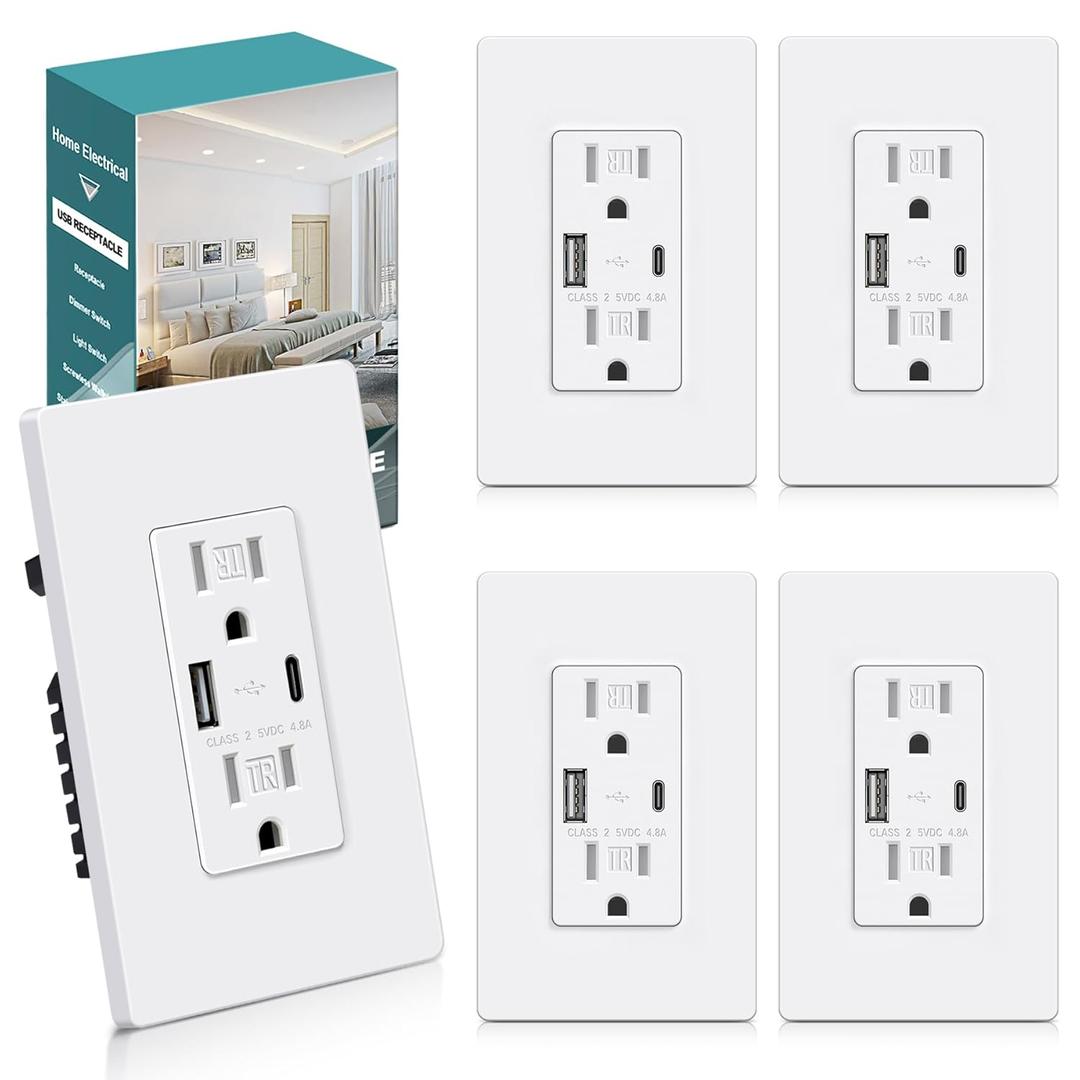 BESTTEN 24W USB Wall Outlet, 15 Amp Power Outlet with Type C & Type A Ports, 4.8A USB Receptacle with TR, Screwless Wallplate Included, Self-Grounding, UL Listed, 5 Pack, White
