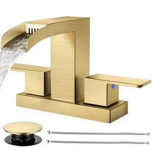 Cobbe Waterfall Bathroom Faucets 3 Hole, Brushed Gold Bathroom Sink Faucet Square 4 Inch Centerset with Pop-Up Drain, 2 Handle and 2 Supply Hoses, Lead-Free Stainless Steel for Vanity Sink Rv