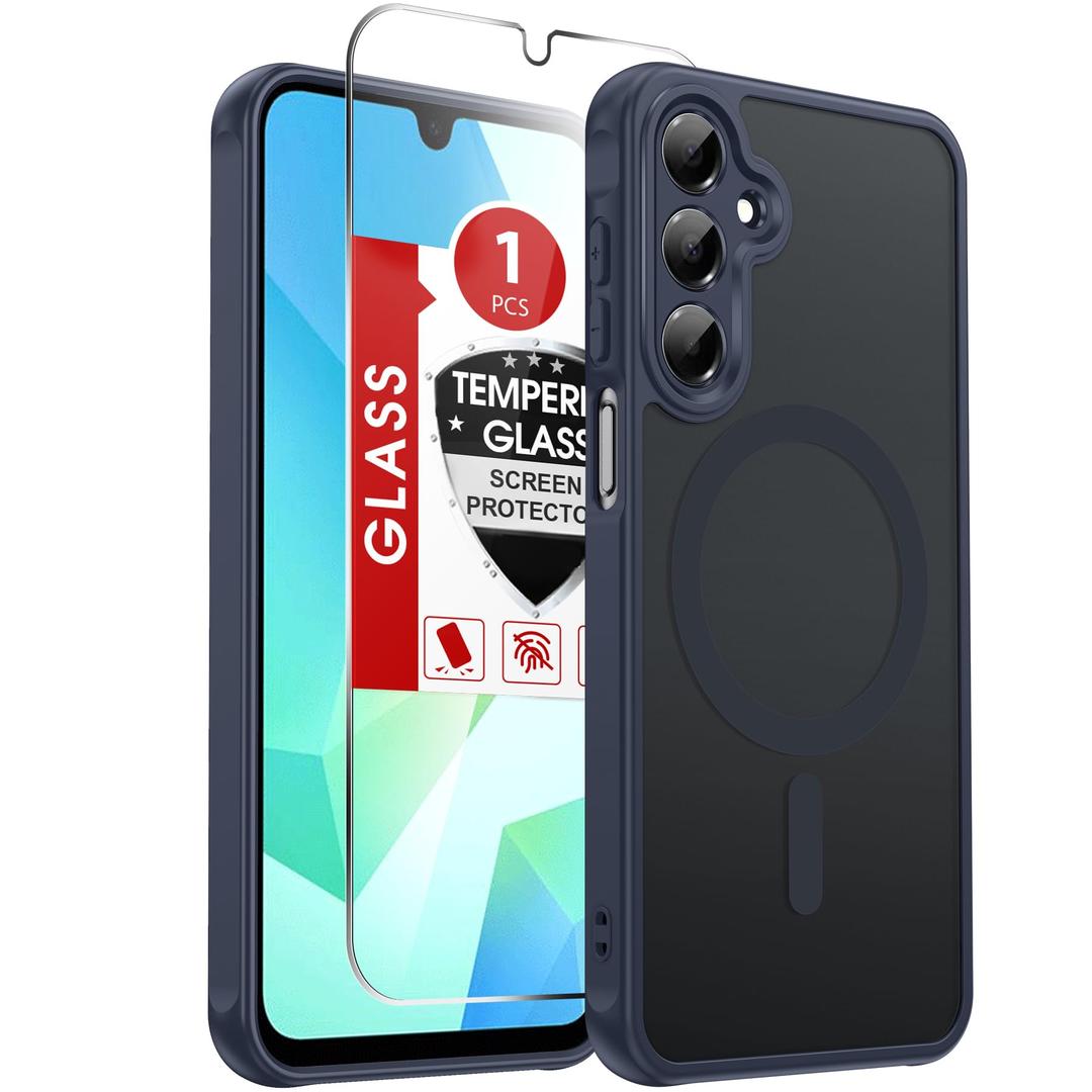 LeYi Compatible for Samsung Galaxy A16-5G Phone Case: Samsung A16 5G Case [Magnet Fit] with Screen Protector, Matte Translucent Soft-Touch Skin & Full Body Protection for Cell Phone A 16 Cover, Blue Pack of 2
