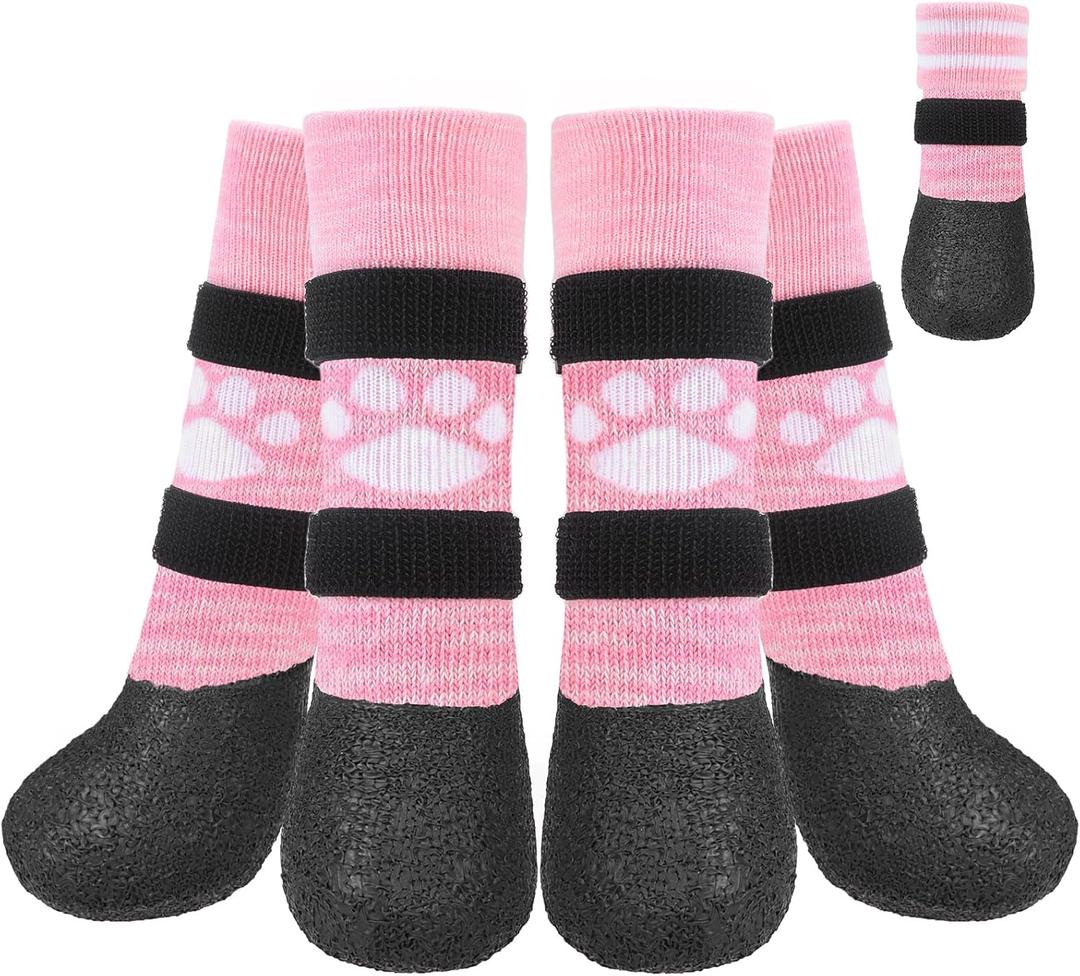 KOOLTAIL Anti Slip Dog Socks to Prevent Licking Paws for Hot/Cold Pavement, Waterproof Long Snow Dog Boots&Paw Protectors with Straps Traction Control for Hardwood Floor for Large Dogs, Pink with Paw Pattern