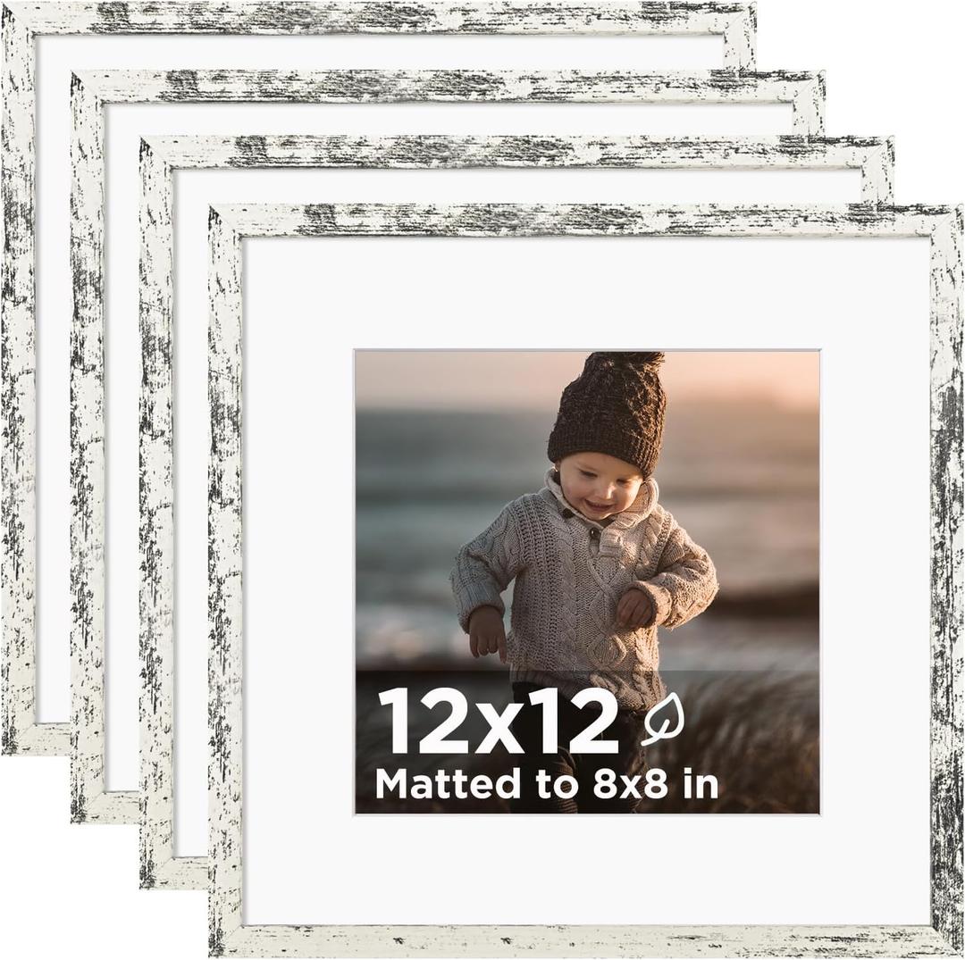 KINLINK 12x12 Picture Frame Rustic White Set of 4, Wooden Square Photo Frames Matted 8x8 with Plexiglass for 8x8 with Mat or 12x12 without Mat for Table and Wall Display