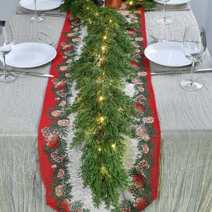  6.2FT Christmas Garland with Lights, Real Touch Cedar Garland Thick and Lush Greenery with Soft Artificial Pine Branches for Mantle Fireplace Table Wall Outdoor Indoor Christmas Decorations