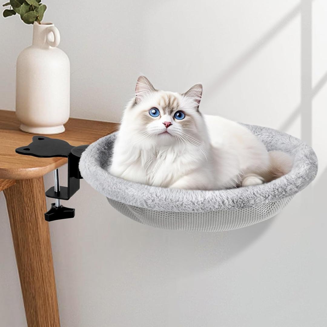 Biupky Large Cat Desk Bed  Sunken Cat Hammock, 15.7" Diameter Secure Bed with Dual Clamps & Steel Frame, Supports Up to 44 lbs, Reversible Bed Cover, Removable & Washable