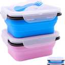 2 Pack Collapsible Silicone Bento Lunch Boxes With Lids Spoon Fork, 20.3oz, Lunch Food Storage Containers, Safe in Microwave, Dishwasher and Freezer, BPA Free (Blue and Pink)