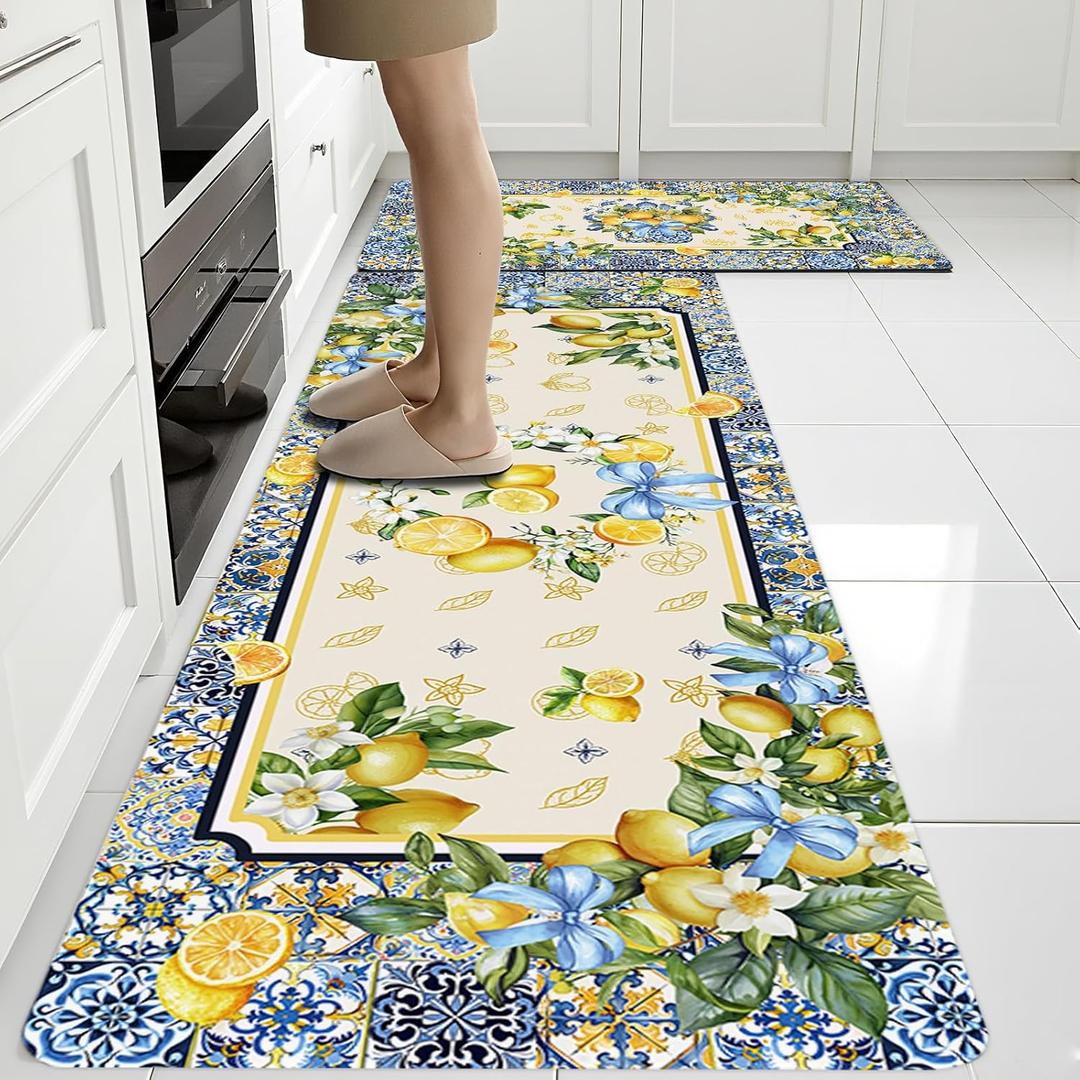Rugs for Kitchen Floor, Lemon Anti Fatigue Mats for Kitchen Floor Non Slip, 2PCS Wipeable Rubber Kitchen Mat, Washable Cushioned Lemons Runner Carpet Rug for Sink Laundry 15.7"27.5" +15.7"47"