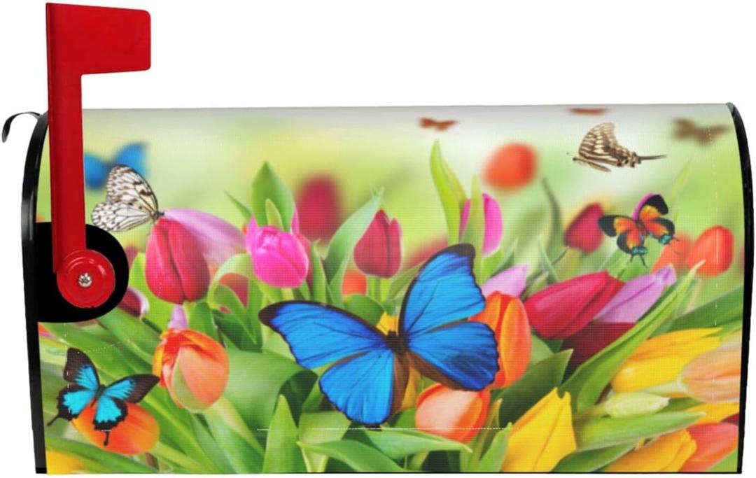 Spring Flower and Butterfly Mailbox Cover Magnetic Tulip Floral Waterproof Mail Wraps Post Letter Box Covers for Outdoor Garden Use 25.5x21 in